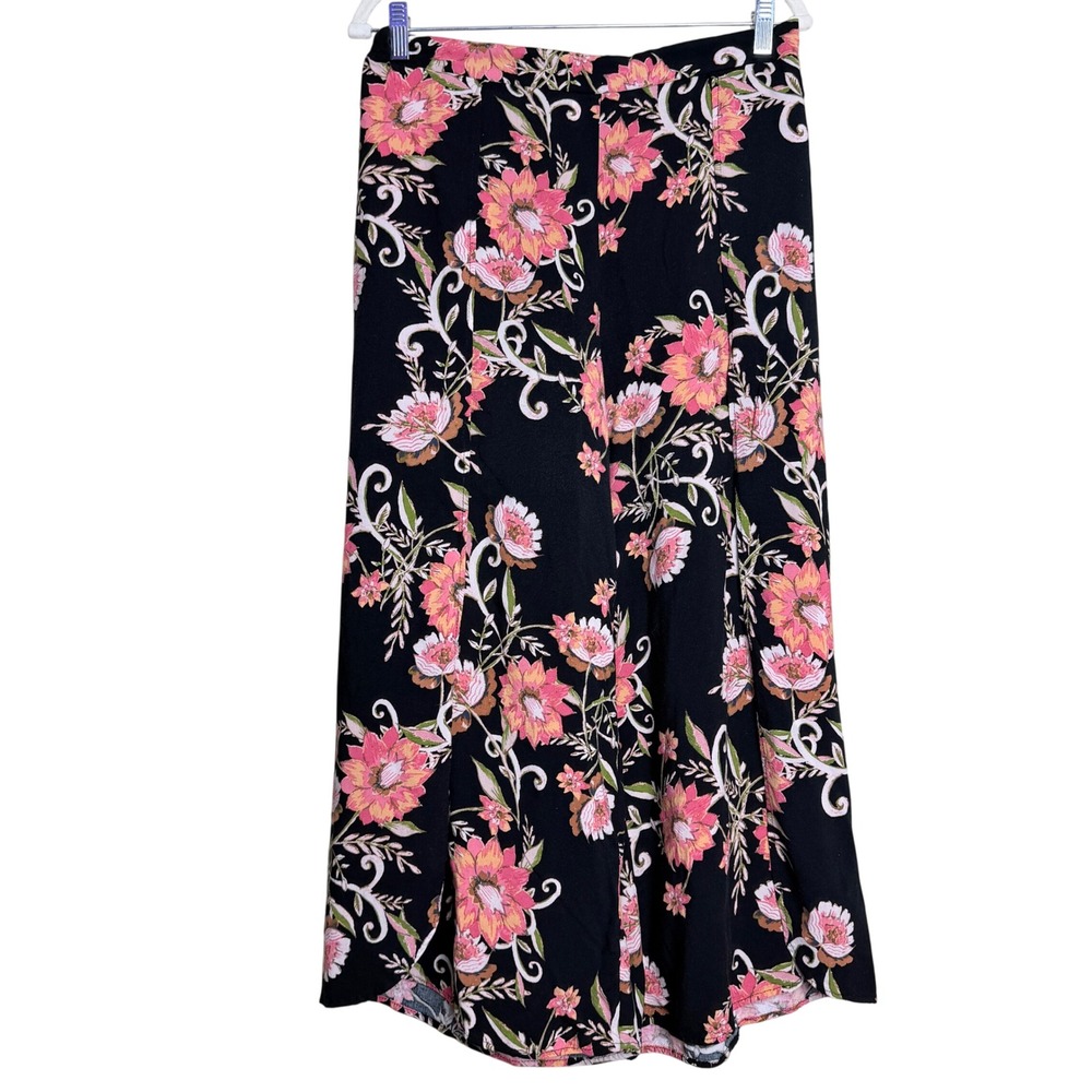Xhilaration Split Leg Pants Pull On Boho Floral Wide Leg Size M Black Pink Party